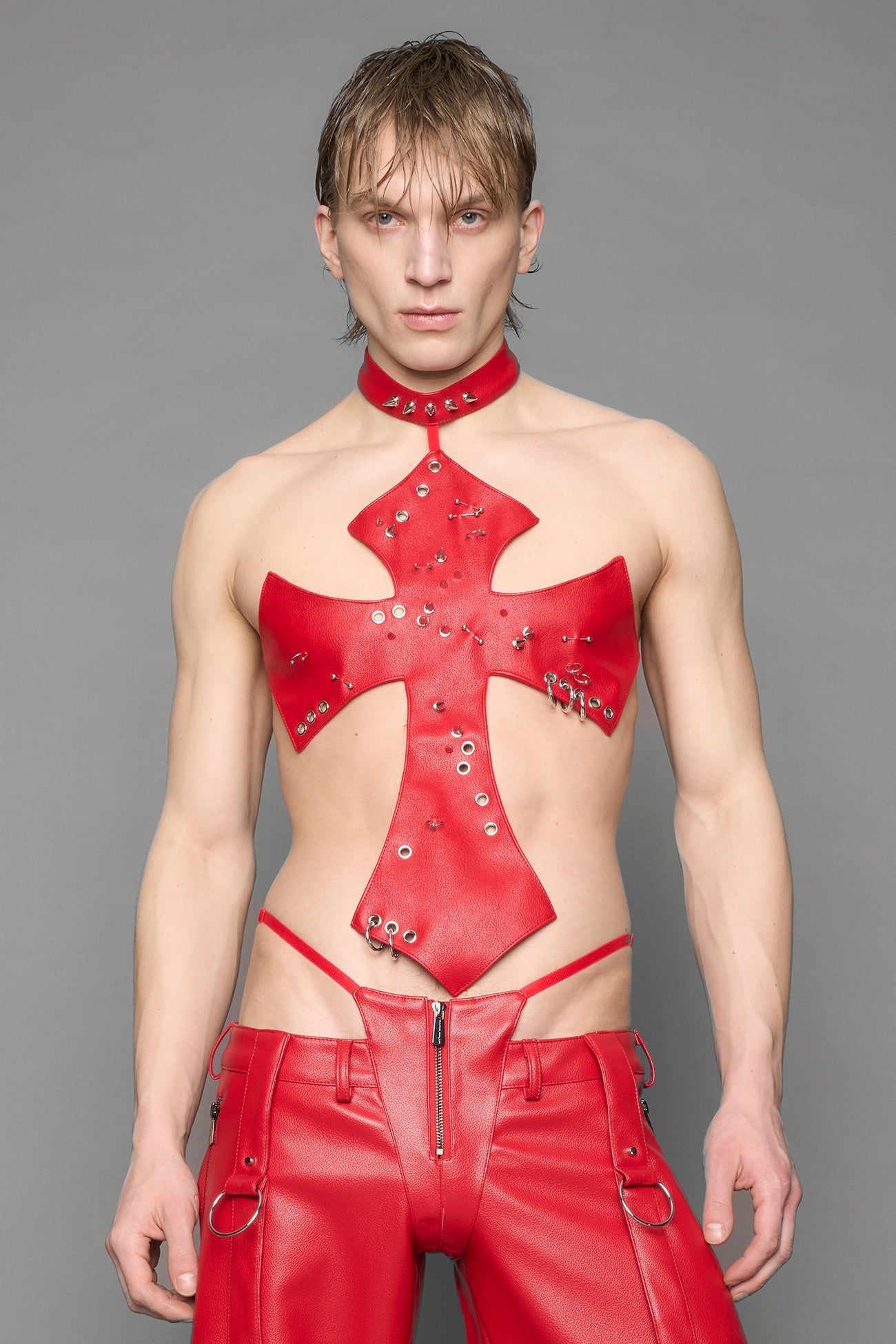 red vegan leather cross top with spikes
