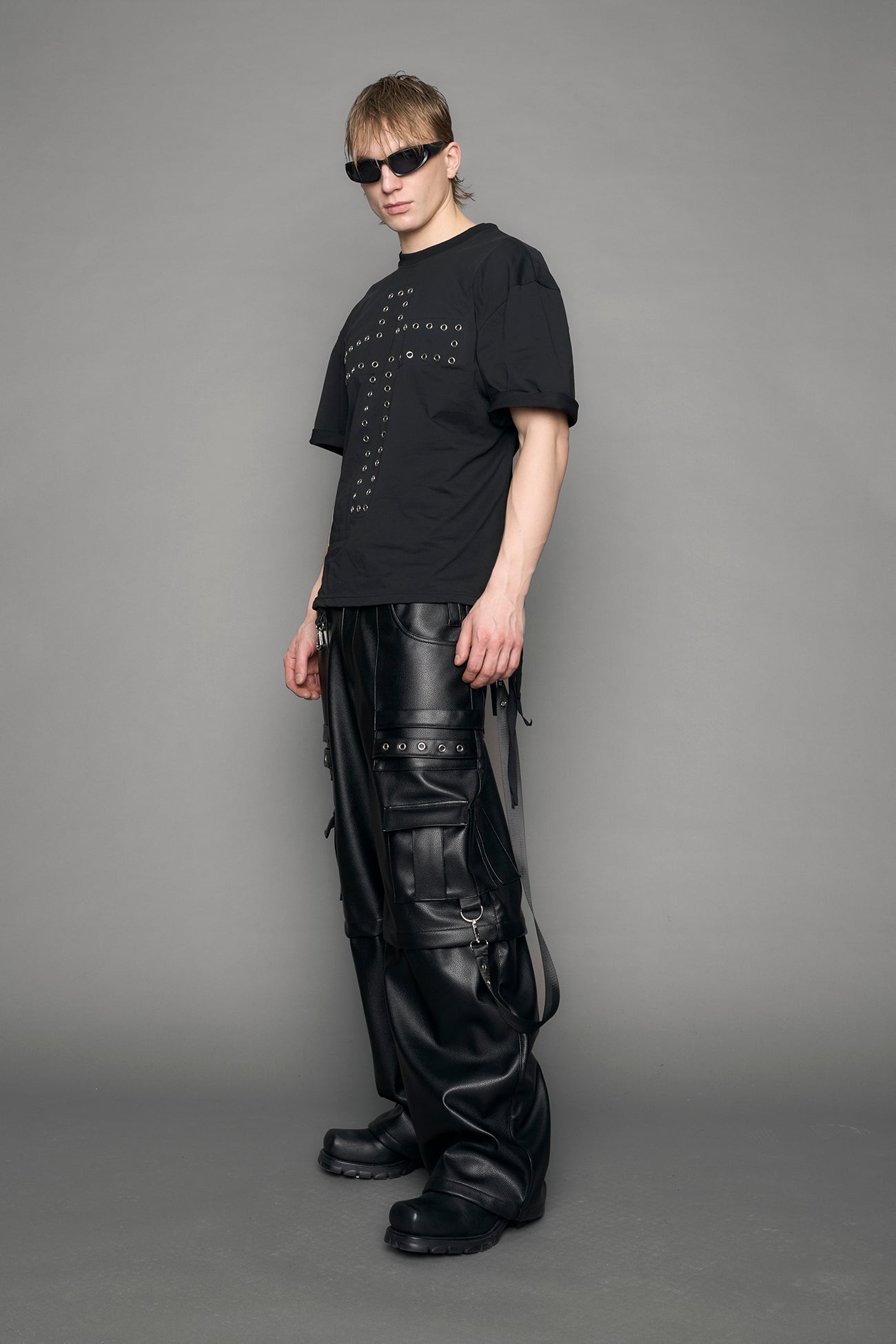 Black print decosntructed cotton Tshirt with chained back