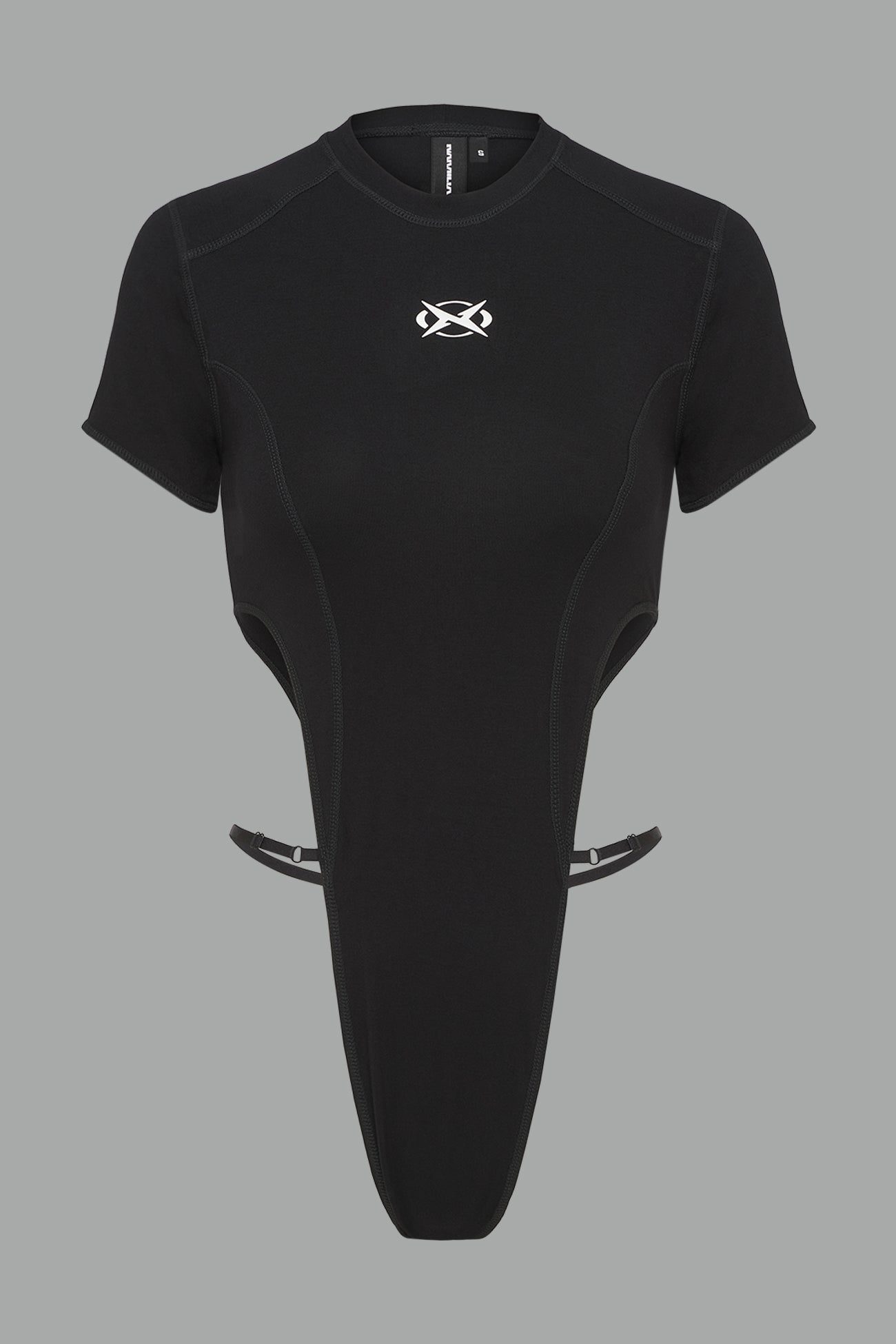 Black Namilia logo bodysuit with cut-out sides, high-cut leg and strap details