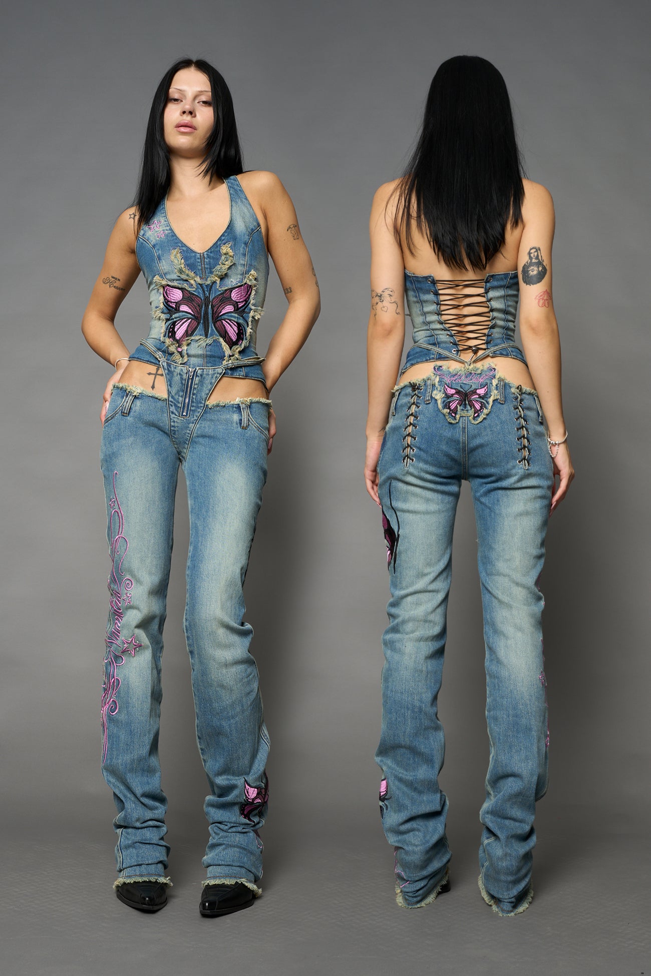 Denim embroidered Thong Pants