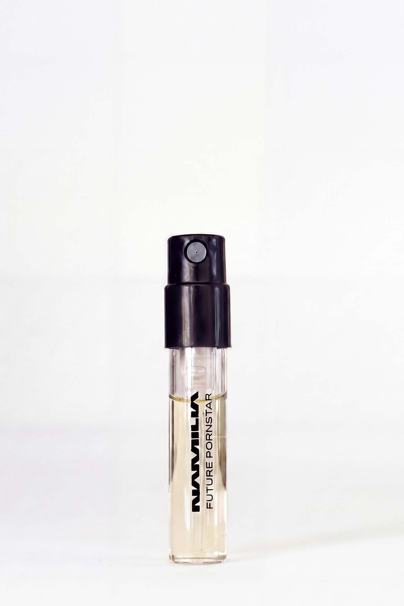 two NAMILIA Parfum tester with black cap and future pornstar and concrete filled inside
