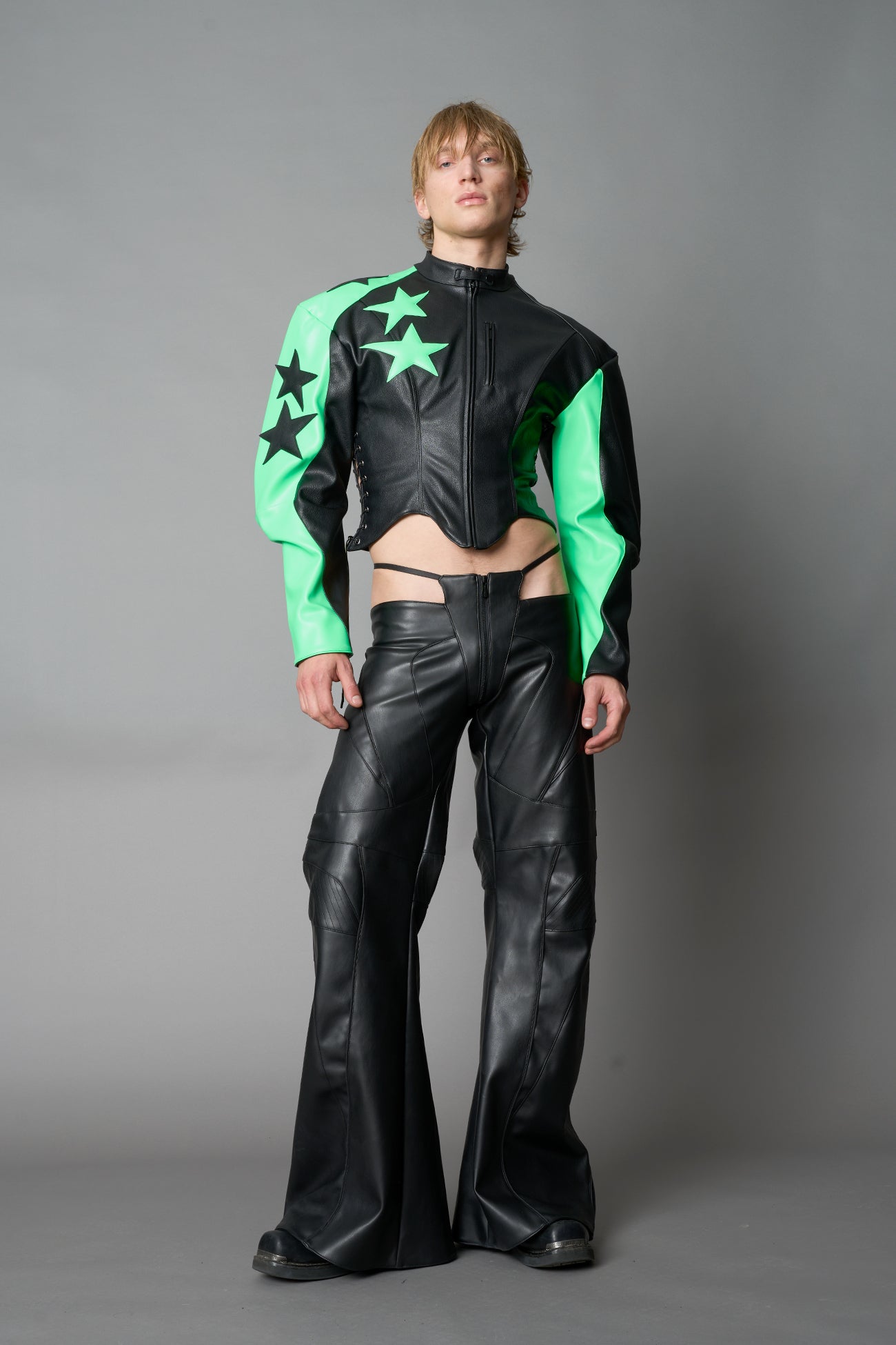 Green Namilia motocross jacket –  streetwear biker jacket with bold star graphics, zip front, and edgy moto-inspired fashion design in vegan PU leather