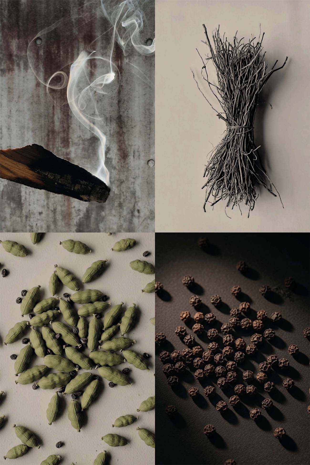 A four-panel collage showing botanical ingredients: a smoldering piece of wood with curling smoke, a bundle of dried twigs, scattered green seed pods, and clusters of small brown dried berries on a dark surface.
