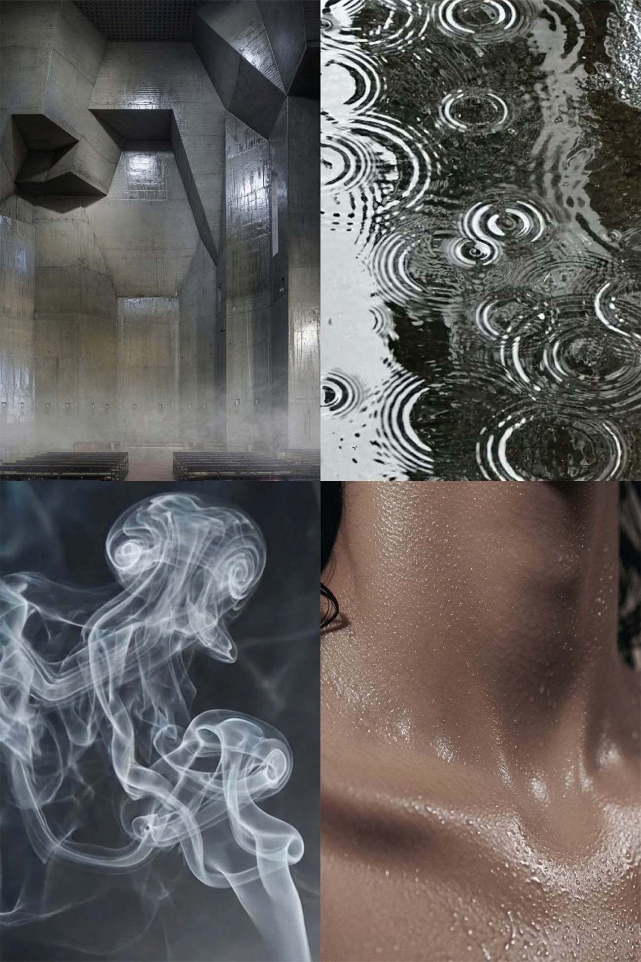 A four-panel collage: top-left shows a dark industrial interior with geometric walls and mist; top-right shows raindrops creating concentric ripples on a reflective surface; bottom-left shows white smoke or vapor swirling against a dark background; bottom-right shows a close-up of a person's neck and upper chest with water droplets and a glossy finish.